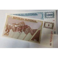 SLOVENIA 1990 . TWO 2 and ONE THOUSAND 1,000 TOLARJEV BANKNOTES . SPECIMEN